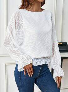 SHEIN LUNE قميص بأكمام مكسوفة وقماش مموج بلون سادة - أبيض - مشاهدة 5