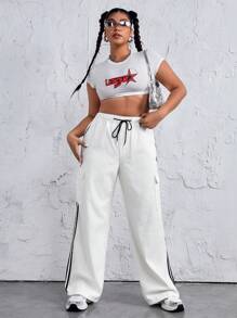 SHEIN EZwear 大尺碼女士寬鬆版牛仔褲,附有對比條紋 - 白色 - 查看 6