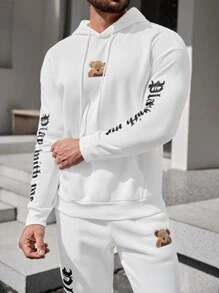 Manfinity Homme Men's Letter Print Drop Shoulder Drawstring Hoodie And Sweatpants Set - White - View 7