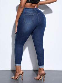 SHEIN SXY Plus Size Women High Waisted Skinny Jeans, Sexy Fit Casual Denim Pants For Party, Valentine's Day, New Year - Dark Wash - View 3