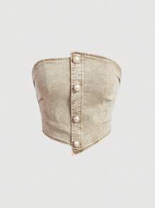 SHEIN MOD 女士純色無肩帶牛仔上衣 - 卡其色 - 查看 1