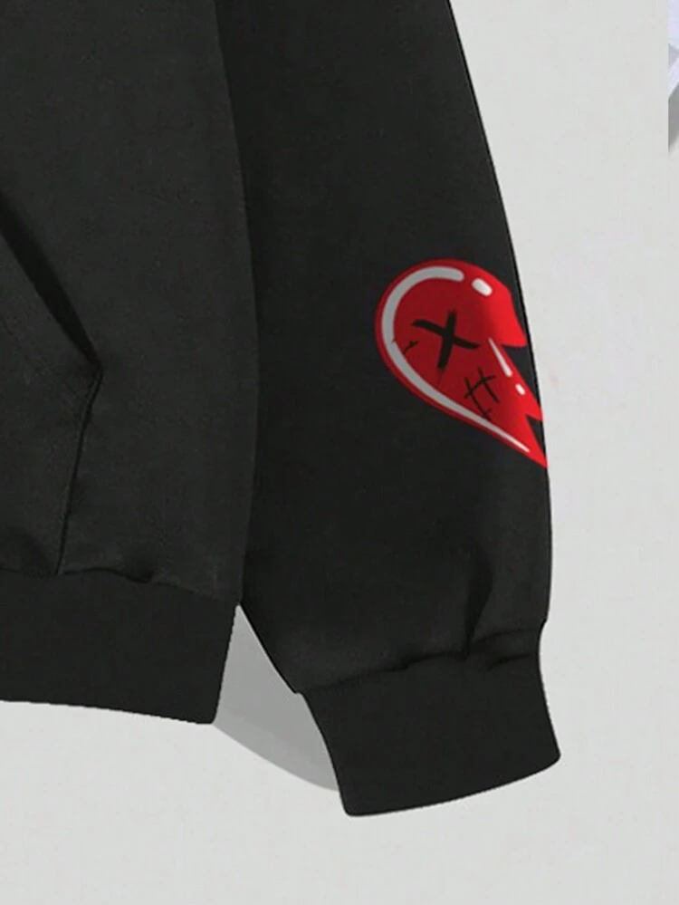 Loose Fit Men's Heart & Letter Graphic Zip Up Hoodie With Thermal Lining