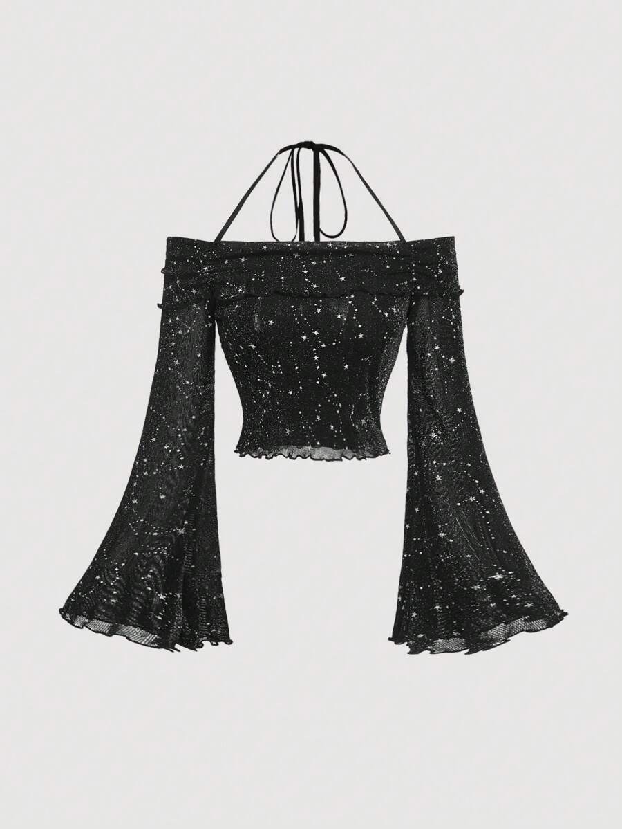 SHEIN MOD 女款閃亮掛脖喇叭袖上衣 - 黑色 - 查看 1