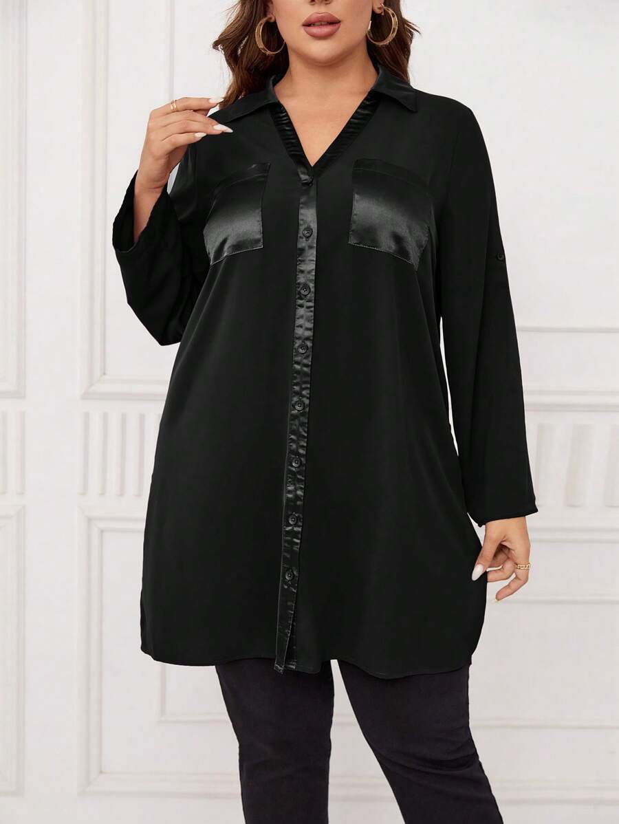 EMERY ROSE Plus Size Roll-up Sleeve Side Split Shirt - Black - View 1
