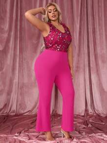 SHEIN SXY Plus Floral Embroidered Mesh Panel Flare Leg Jumpsuit - Hot Pink - View 3