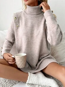 EURMUSE Turtleneck Button Detail Drop Shoulder Sweater - Dusty Pink - View 1