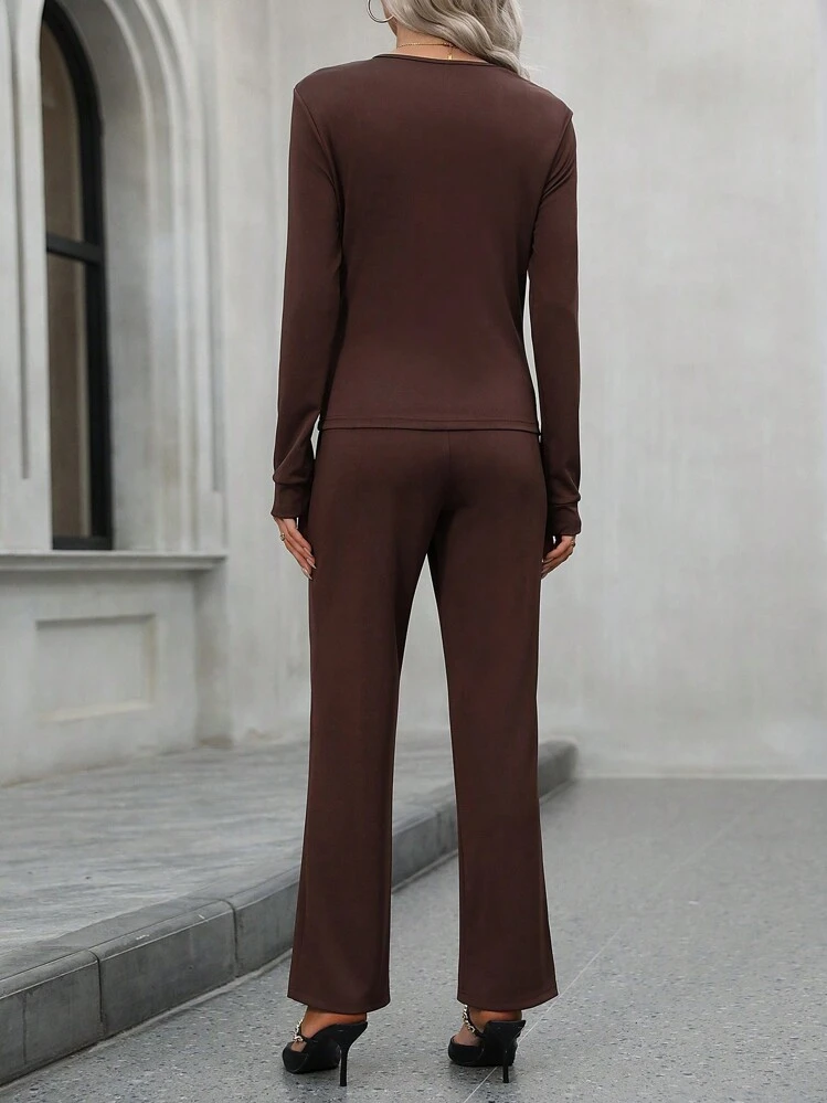 SHEIN Clasi Conjunto De Chaqueta Y Pantalón Para Mujer Con Cierre De Cremallera En La Parte Delantera - Marrón - Añade 2