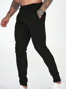 Men's Slim Solid Color Long Pants - Black - View 1
