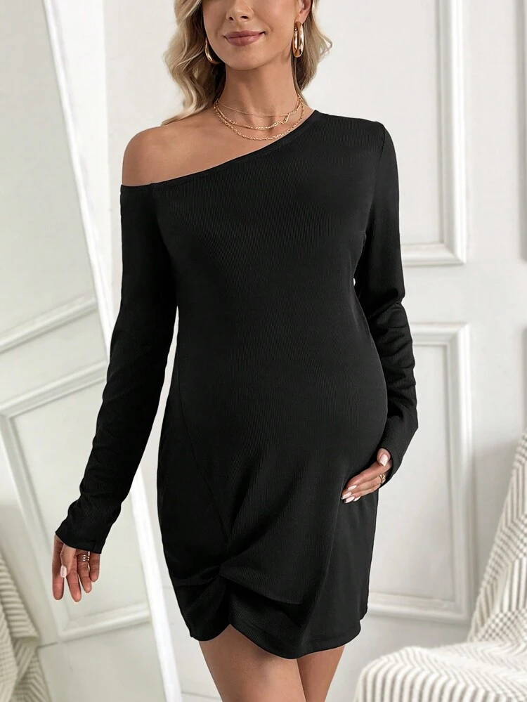 Maternity Asymmetric Collar Ribbed Knit Dress