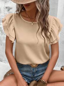 SHEIN LUNE 純色荷葉邊短袖襯衫 - 杏色 - 查看 1