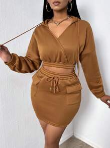 SHEIN Essnce Lỏng lẻo phù hợp Bọc Hoodie Và Bộ váy Với Thả vai - màu nâu - Xem 1