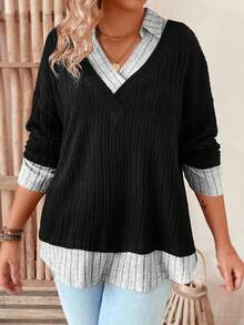 SHEIN LUNE Kích thước lớn Khối màu tay cánh Áo thun Với Cắt tỉa - màu đen - Xem 5