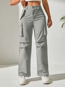 SHEIN PETITE Women's Solid Color Flap Pocket Long Pants - Light Grey - View 3