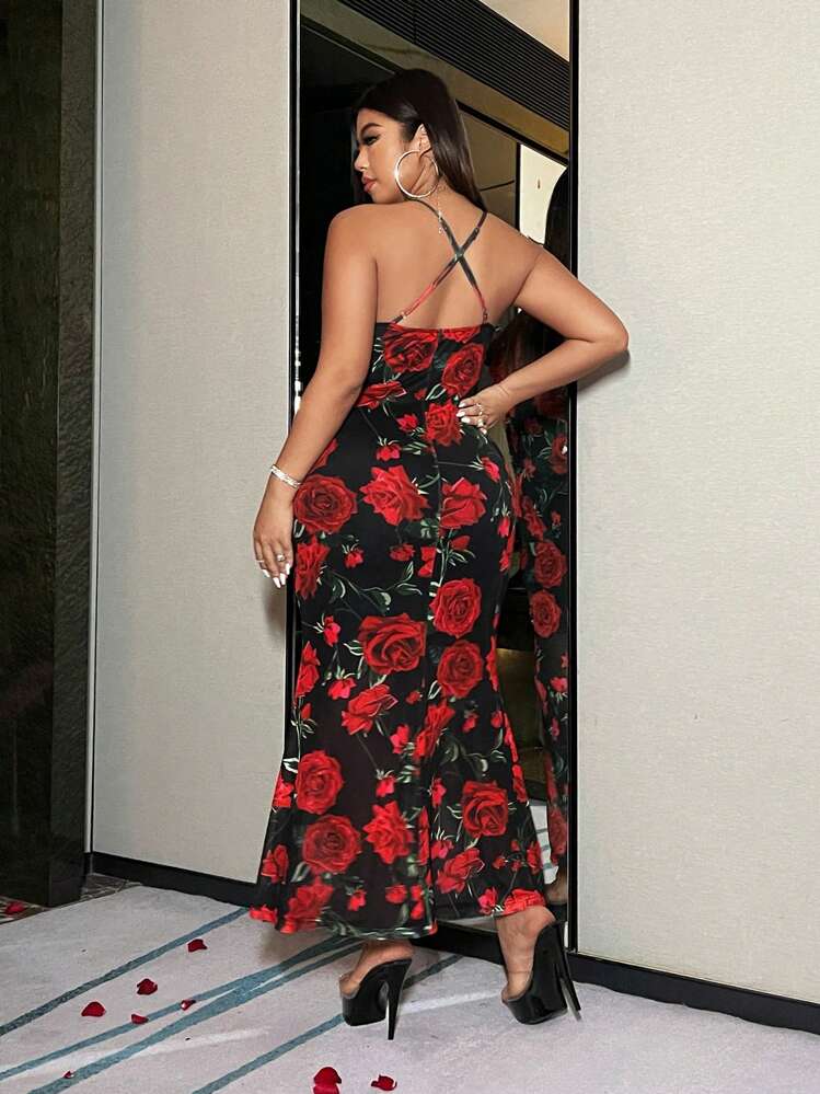 SHEIN LUNE 大码花卉印花垂领交叉后背吊带连衣裙女装，适合夏季 - 彩色 - 查看 3