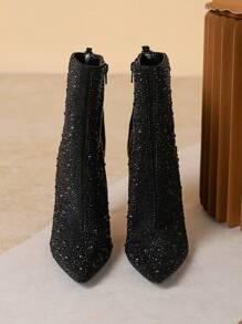 女性時尚高跟鞋短靴帶水鑽裝飾用品 - 黑色 - 查看 5