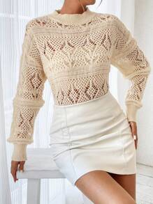 SHEIN Clasi Suéter de punto con hombros caídos y calado para mujer, para otoño e invierno - Albaricoque - Ver 1