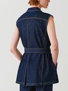 女式长款实用风格做旧深蓝色牛仔背心（配腰带）