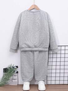 SHEIN 1pc Tween Girls' Letter Embossed Sweatshirt And 1pc Jogger Pants Set - Grey - View 2