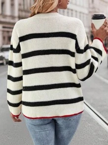 SHEIN Essnce Sọc Thả vai Áo len - Màu Khaki - Xem 2
