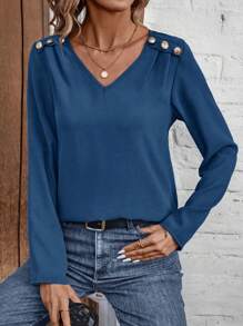 SHEIN LUNE 休閒紐扣裝飾v領襯衫 - 藍色 - 查看 4