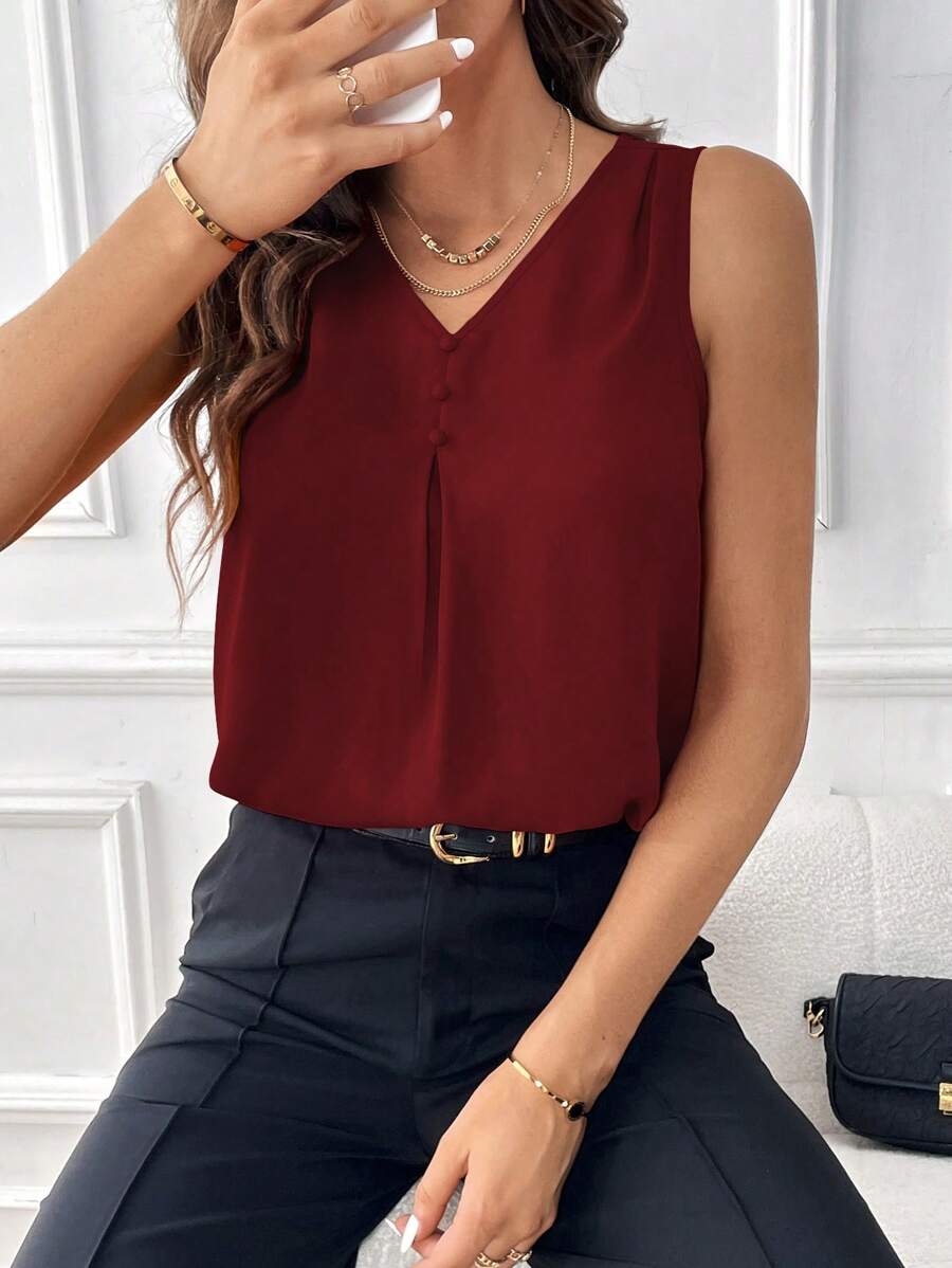 SHEIN Essnce 女士純色褶皺無袖襯衫