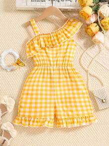 SHEIN Macacão Xadrez Casual E Confortável Para Meninas Pequenas Com Estilo De Férias Para O Verão - Amarelo - Visão 1