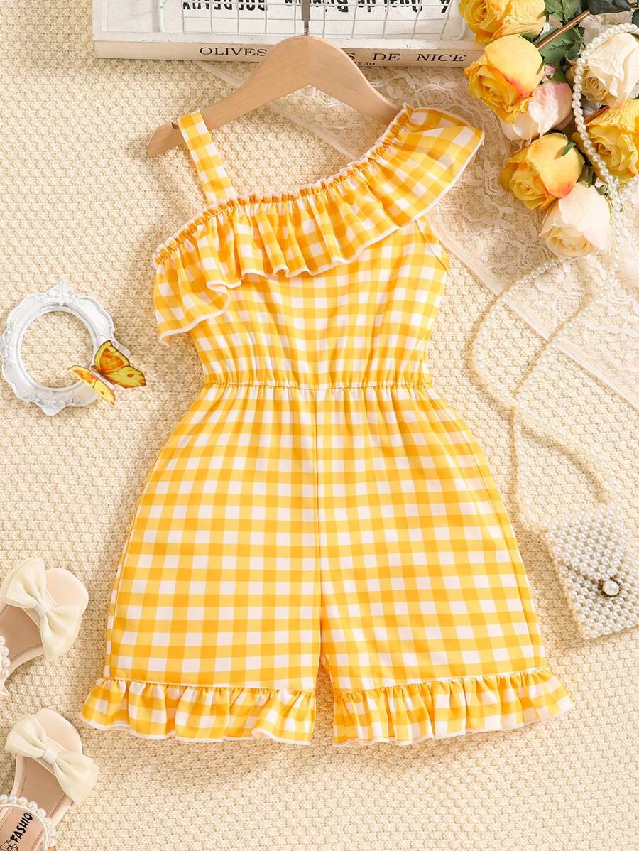 SHEIN Macacão Xadrez Casual E Confortável Para Meninas Pequenas Com Estilo De Férias Para O Verão - Amarelo - Visão 1