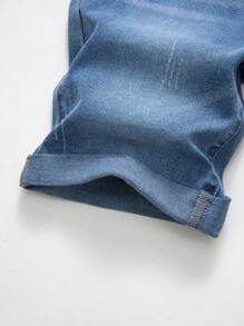 Quần short denim co giãn màu xanh nhạt của Tween Boy có viền cuộn - Rửa nhẹ - Xem 3