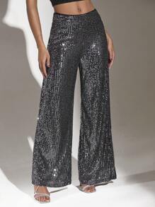 SHEIN BAE Glitter Wide Leg Pants - Silver - View 6