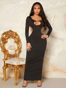 SHEIN SXY 女士空心修身無背洋裝 - 黑色 - 查看 4