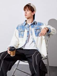 Teen Boy Plaid Print Flap Pocket Teddy Coat Without Tee - White - View 4