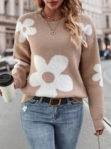 SHEIN Essnce Thả vai Mô hình hoa Áo len - Màu Khaki - Xem 1