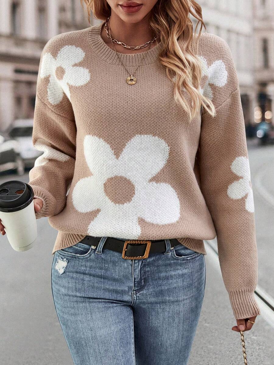 SHEIN Essnce Thả vai Mô hình hoa Áo len - Màu Khaki - Xem 1