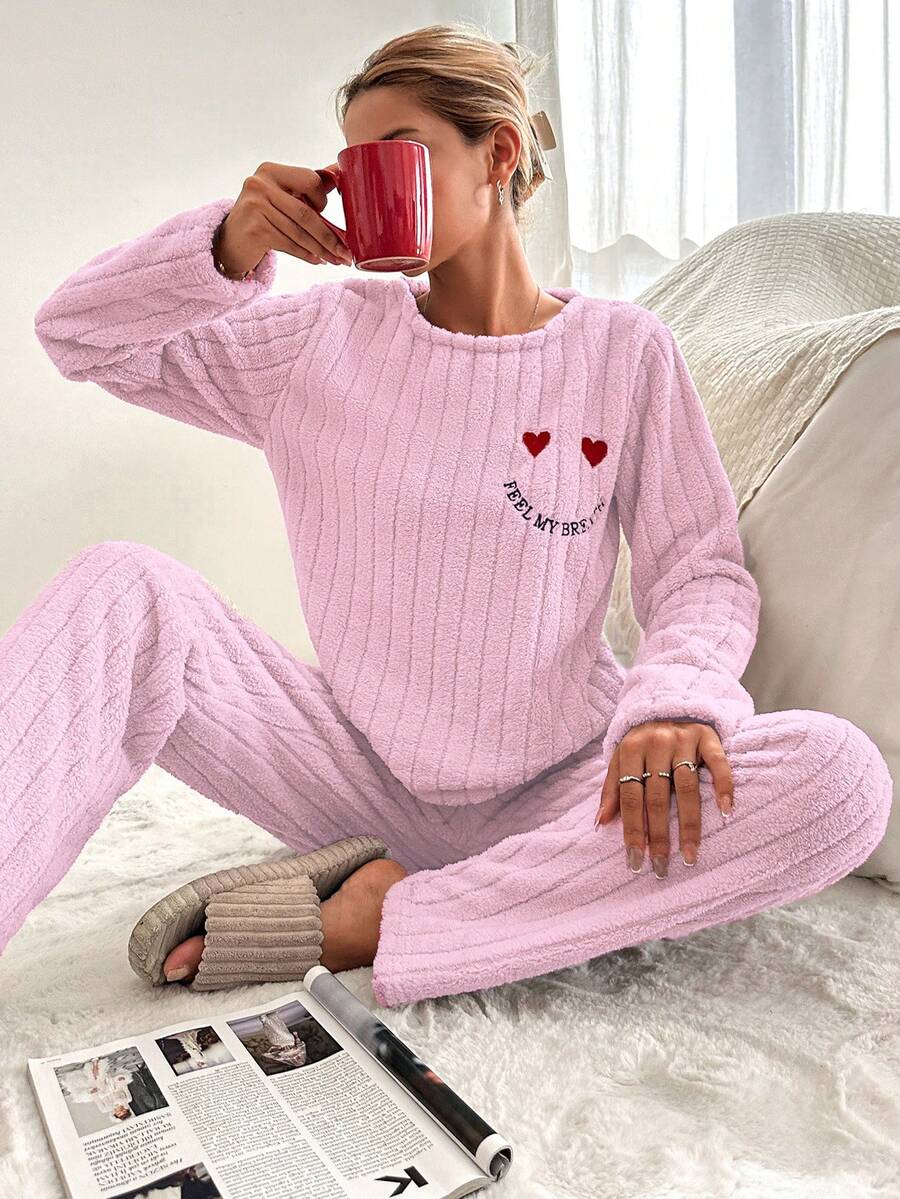 SHEIN Cottnline Heart And Letter Embroidered Flannel Homewear Set - Pink - View 1