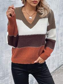 SHEIN LUNE V Neck Drop Shoulder Color Block Sweater - Multicolor - View 5