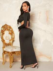 SHEIN SXY 女士空心修身無背洋裝 - 黑色 - 查看 2