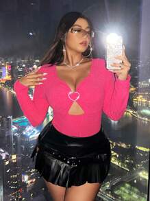 SHEIN ICON 女士加大號鑽石裝飾剪裁和愛裝飾扣和愛心領連身衣 - 玫紅色 - 查看 7