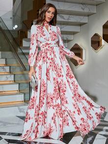 Floral Print Split Thigh Dress - Red - View 5