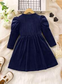 SHEIN Nhỏ bé Cô gái Nhung Đầm Với Tay áo chân cừu - Màu xanh hải quân - Xem 2
