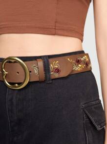 ROMWE Hippie 1 件女士棕色刺绣腰带，配不对称圆形带扣 - 棕色 - 查看 3