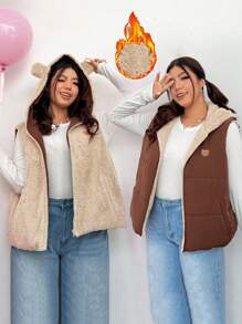 SHEIN EZwear Của phụ nữ Kích thước lớn Đệm Áo vest Với Tai 3D Trang trí - Cà phê nâu - Xem 1