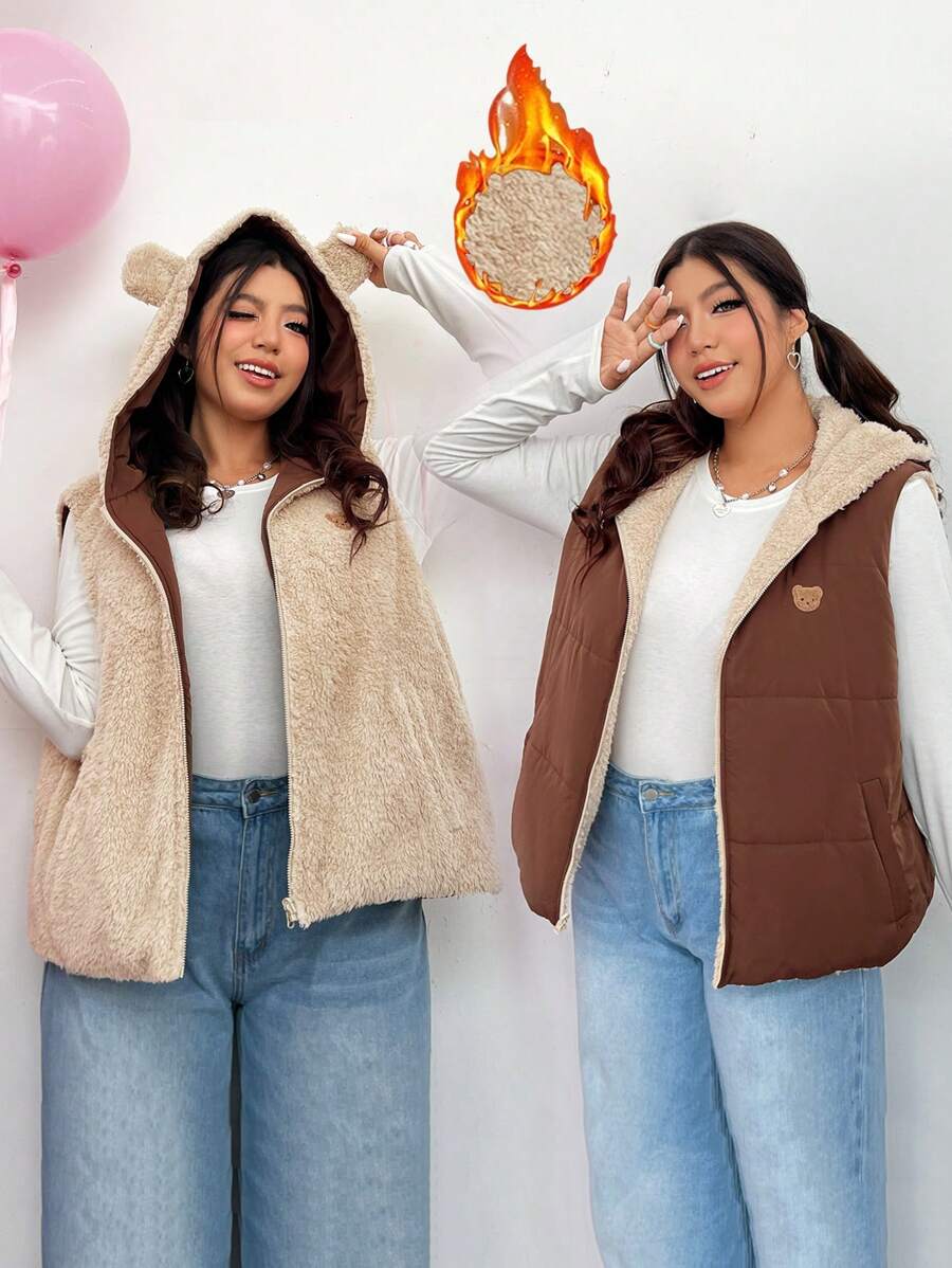 SHEIN EZwear Của phụ nữ Kích thước lớn Đệm Áo vest Với Tai 3D Trang trí - Cà phê nâu - Xem 1