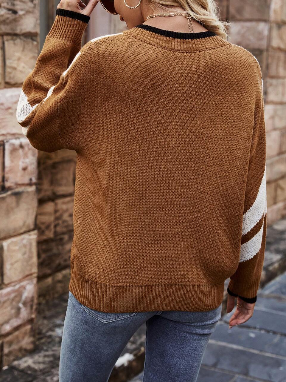 Ladies' Contrast Color V-Neck Knit Pullover Fall Winter Sweater