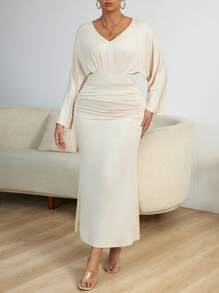 SHEIN Clasi Plus Size Women's Batwing Sleeve Pleated Dress - Apricot - View 5