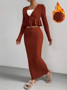 SHEIN Essnce 女士荷葉邊綁帶前扣上衣和裙子套裝 - 鏽棕色 - 查看 1