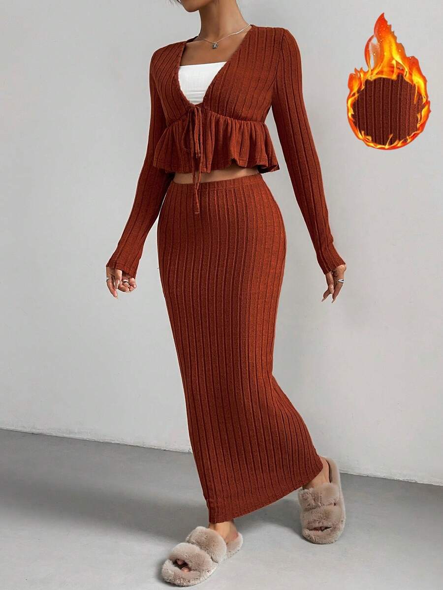 SHEIN Essnce 女士荷葉邊綁帶前扣上衣和裙子套裝 - 鏽棕色 - 查看 1