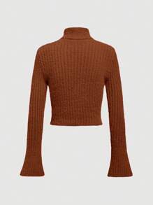 SHEIN MOD Maglione A Collo Alto A Coste Da Donna Con Maniche Svasate - Castano - Visualizzare 2