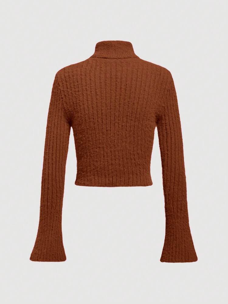 Women's Turtleneck Ribbed Sweater With Flared Sleeves