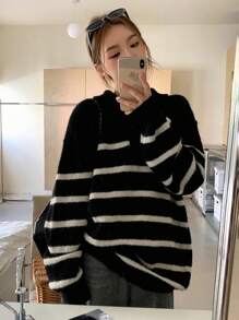 DAZY Áo len chui đầu kẻ sọc vai trễ thường ngày, quần áo mùa thu - màu đen - Xem 7
