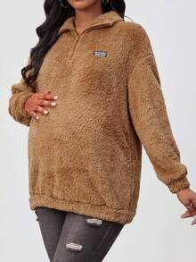 SHEIN 孕婦女士半高領拉鍊連帽保暖運動衫 - 棕色 - 查看 3